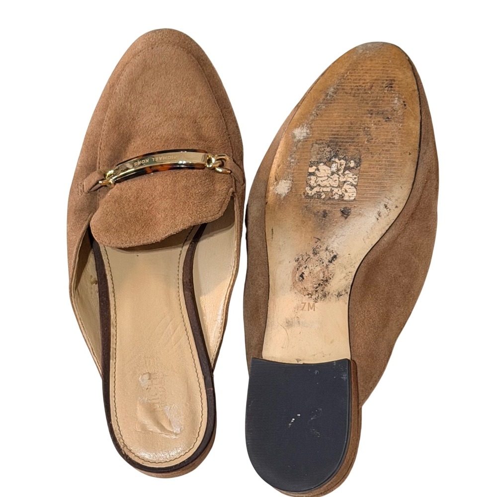 Michael Kors Mules Loafers Womens 7M Tan Suede Gold Tortoise Slide Minimalist - Picture 2 of 7